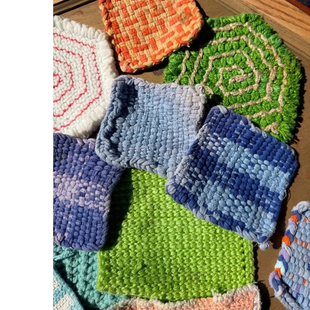 Vintage Handmade Woven Crochet Pot Holders Coasters Lot 12 pc MultiColor Folk